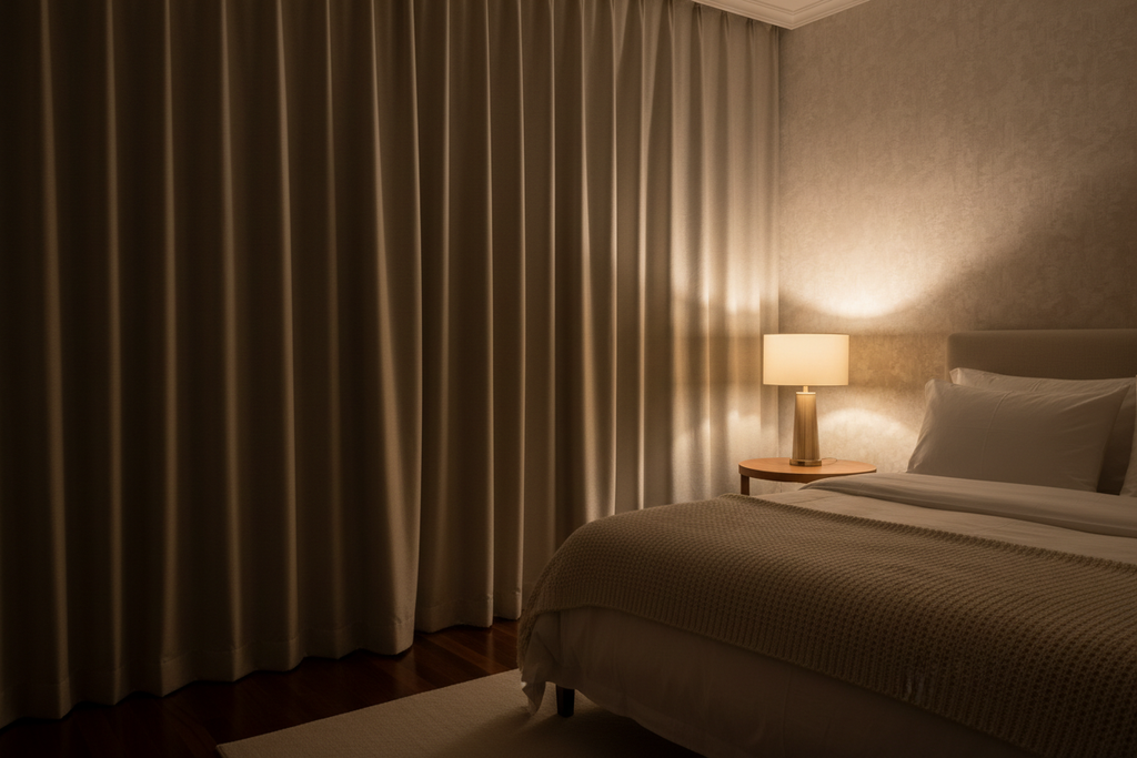 Heller Blackout Vorhang - Nachttischlampe