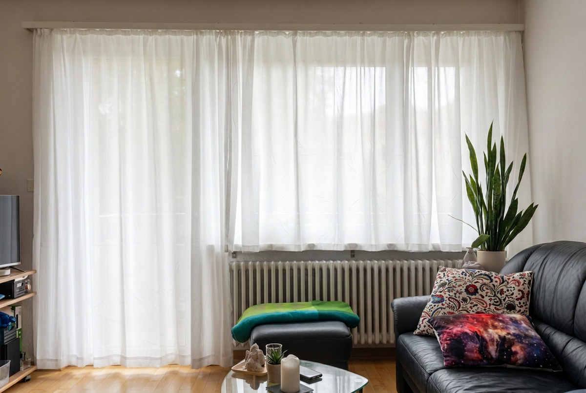 Neuer weisser Vorhang mit bodenfreiem Saum