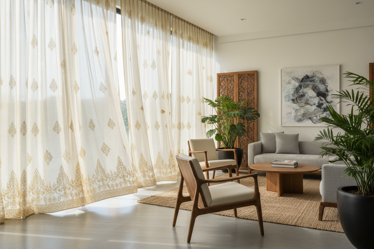 Thailändische Vorhänge im modernen Wohnzimmer
